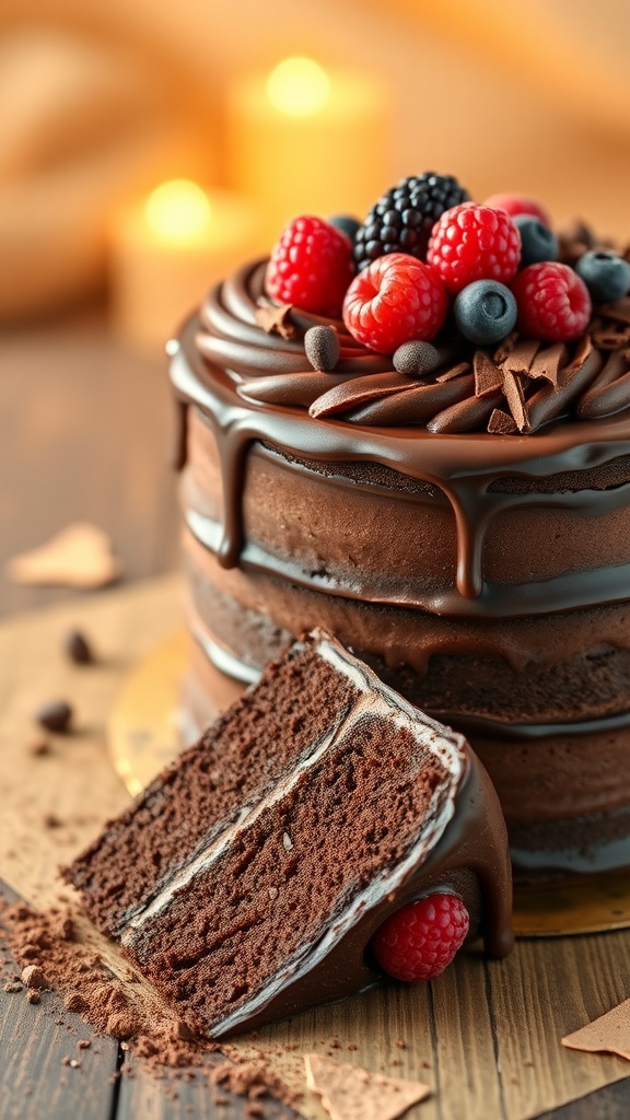 A decadent chocolate fudge cake with glossy frosting and chocolate shavings, served with a slice cut out, on a rustic wooden table.